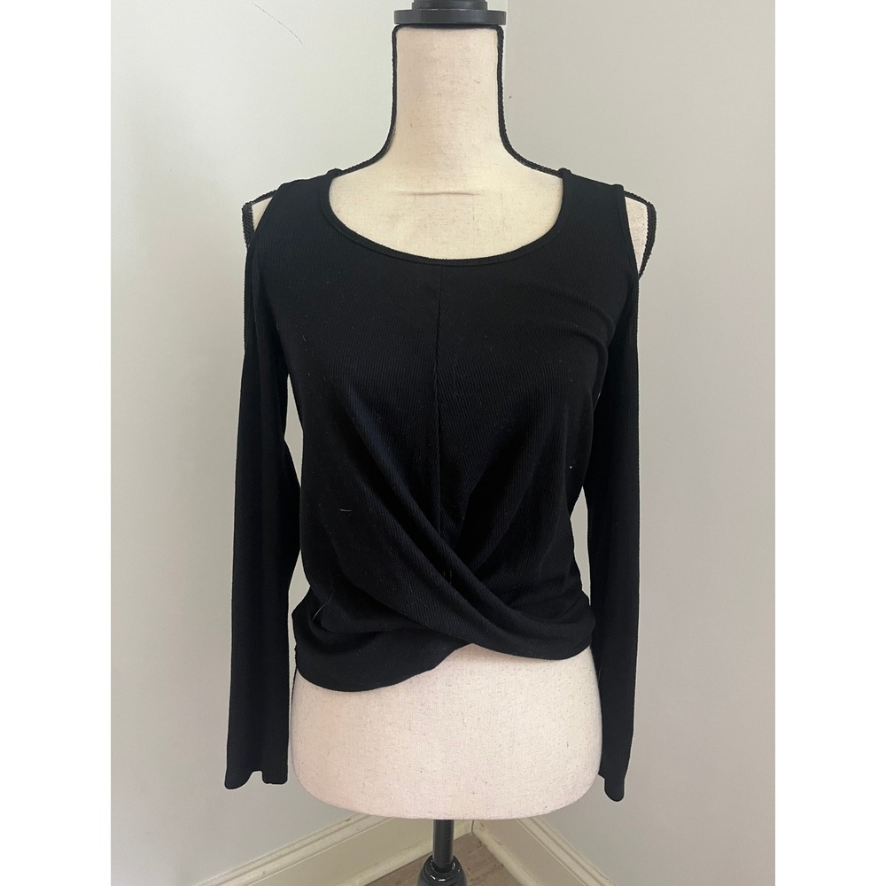 Charlotte Russe Black Cold Shoulder Tee Small Twist Front Ribbed Long Sleeve Y2K